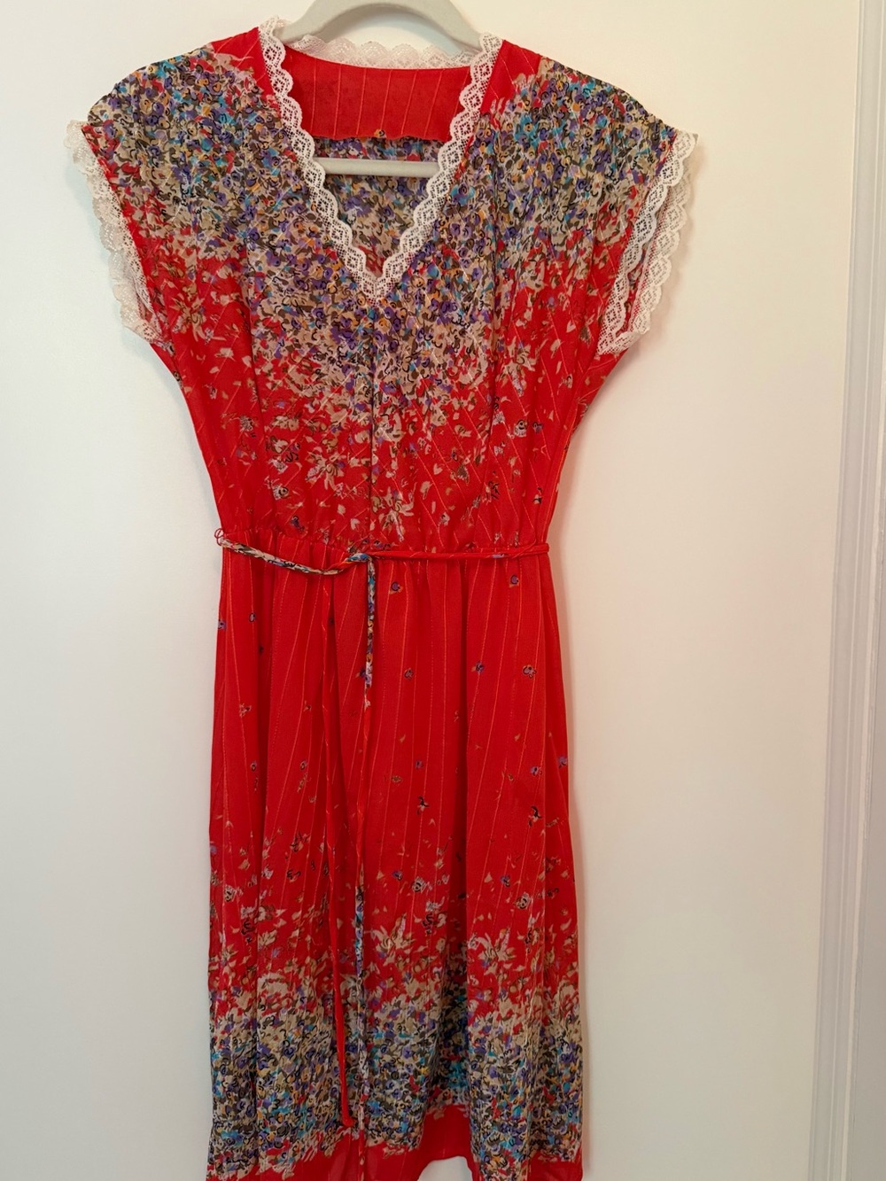 Vintage Red Floral Lace-Trim Mini Dress